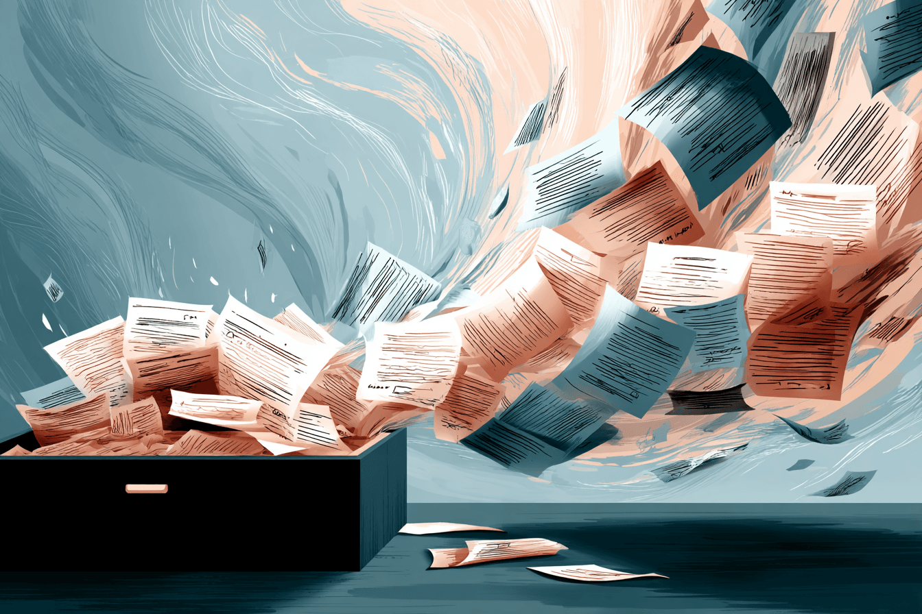A drawer of mixed paperwork swirling upwards into order