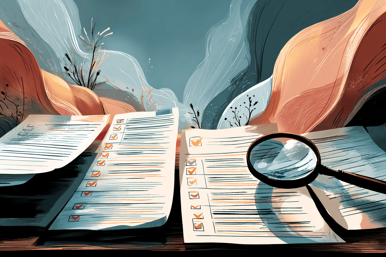 Curriculum checklists with ticks under a magnifying glass revealing the gaps